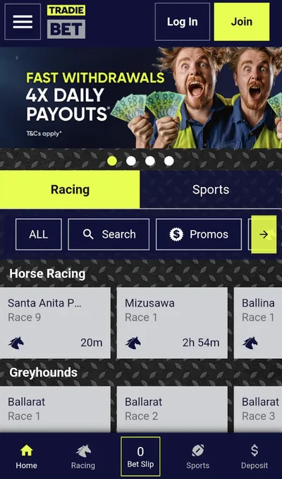 Tradiebet mobile view